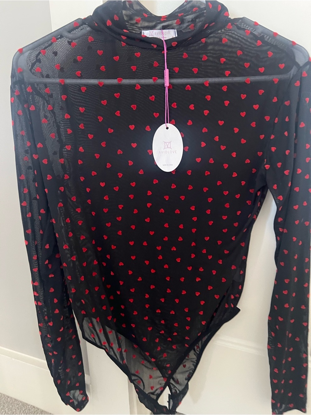 Black Sheer Bodysuit with Red Heart Print - Picture 5 of 5